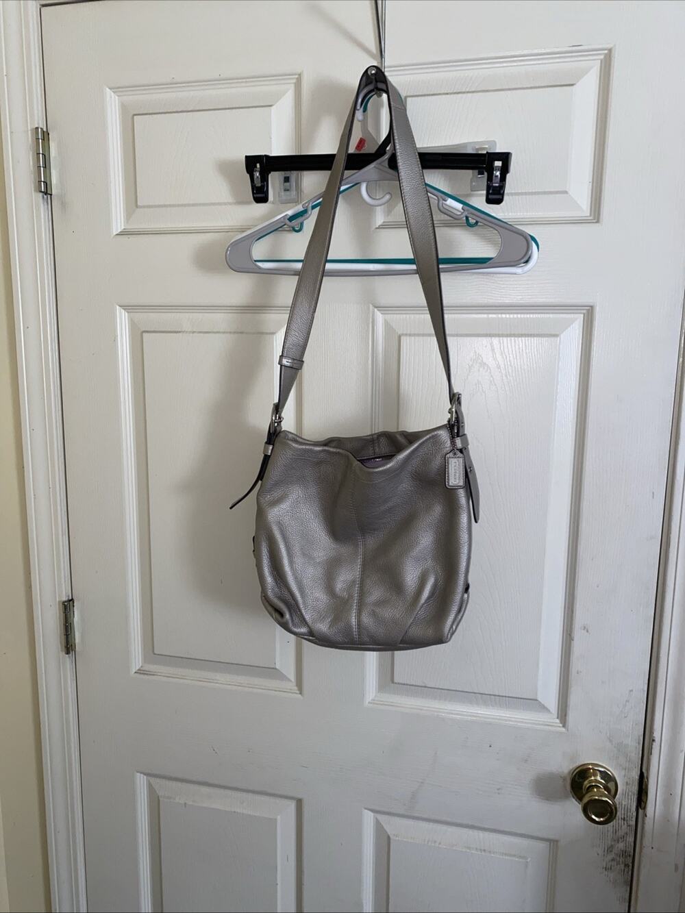 Coach F15064 Metallic Silver Pebbled Leather Duffle Bag Shoulder Bag